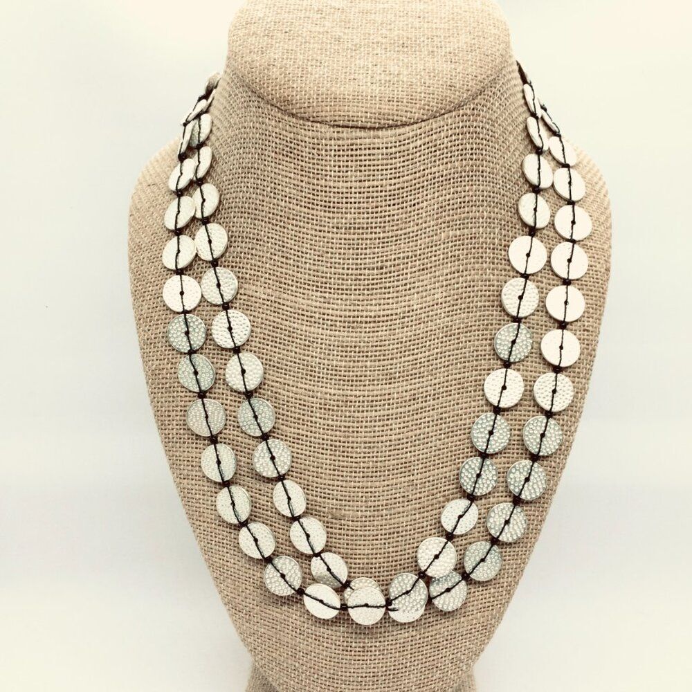 MODERNIST Silver Tone Hammered Coin Disc Necklace Black Cord Long Statement Boho